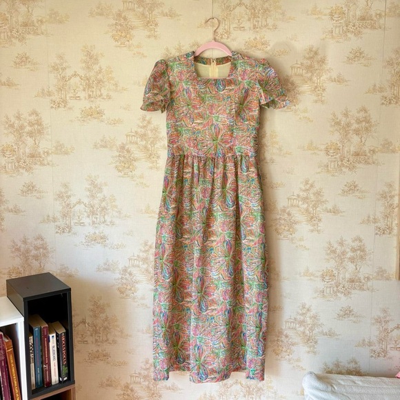 Vintage 50s 60s rainbow floral print short sleeve square neck midi party dress - Picture 2 of 7